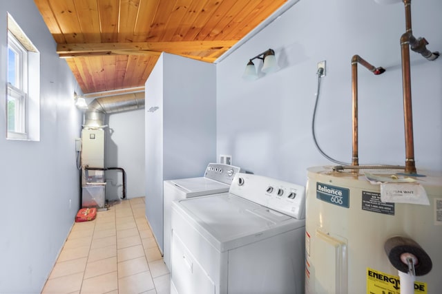 7815 Parkshore Cir, Hixson, TN 37343 - laundry area with electric water heater, washer and dryer, wooden ceiling, and light tile patterned flooring