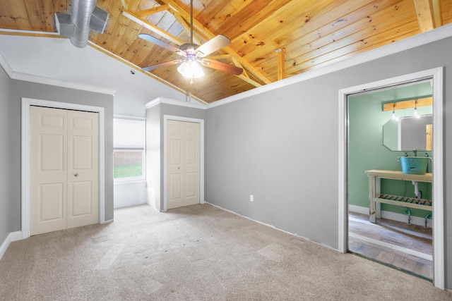 7815 Parkshore Cir, Hixson, TN 37343 - unfurnished bedroom featuring wooden ceiling, carpet, two closets, lofted ceiling, and a ceiling fan