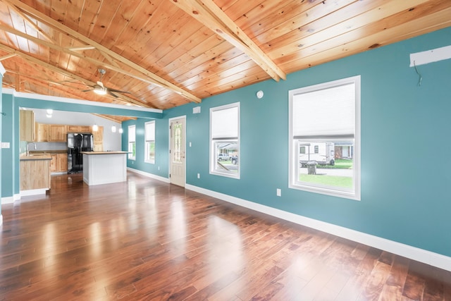 7815 Parkshore Cir, Hixson, TN 37343 - unfurnished living room featuring dark wood-type flooring, ceiling fan, and wooden ceiling