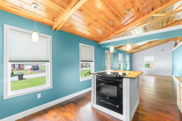 7815 Parkshore Cir, Hixson, TN 37343 - kitchen with a warming drawer, wooden ceiling, dark wood-style flooring, butcher block countertops, and decorative light fixtures