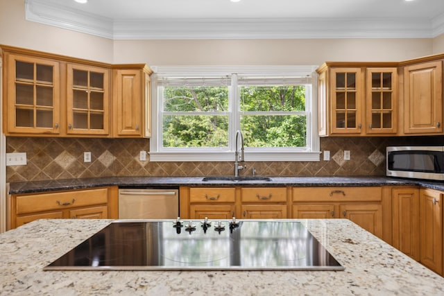 310 Bluffs Rd N, South Pittsburg, TN 37380 - kitchen featuring stainless steel appliances, a sink, light stone countertops, glass insert cabinets, and crown molding