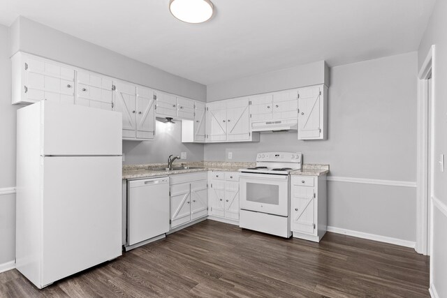 32 S Germantown Rd, Chattanooga, TN 37411 - kitchen featuring white appliances, under cabinet range hood, light countertops, dark wood-style flooring, and white cabinetry