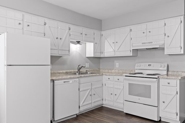32 S Germantown Rd, Chattanooga, TN 37411 - kitchen with white appliances, range hood, white cabinetry, and dark wood-style flooring