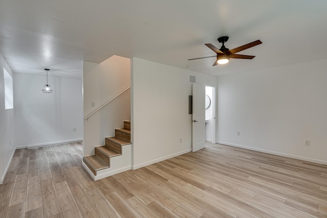 304 Gillespie Rd, Chattanooga, TN 37411 - unfurnished living room with ceiling fan, stairs, light wood-style floors, and baseboards