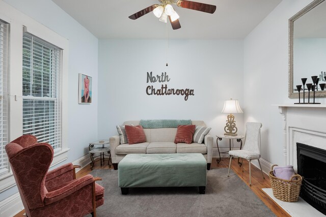 602 Oliver St, Chattanooga, TN 37405 - living area with wood finished floors, a ceiling fan, and a high end fireplace