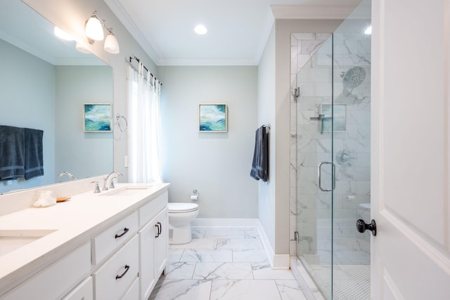2024 Oak St, Signal Mountain, TN 37377 - full bathroom featuring marble look tiles, double vanity, crown molding, a stall shower, and recessed lighting