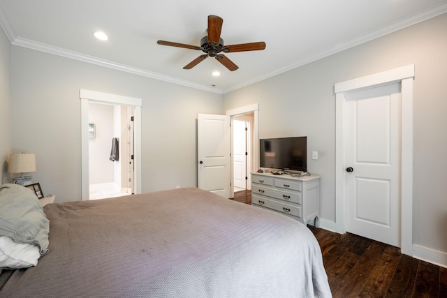 2024 Oak St, Signal Mountain, TN 37377 - bedroom featuring dark wood finished floors, crown molding, recessed lighting, ceiling fan, and ensuite bathroom
