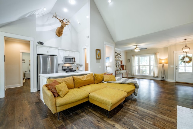 2024 Oak St, Signal Mountain, TN 37377 - living area featuring dark wood-style floors, high vaulted ceiling, a ceiling fan, and recessed lighting