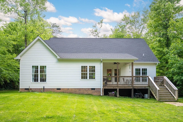 2024 Oak St, Signal Mountain, TN 37377 - rear view of house featuring crawl space, a wooden deck, a ceiling fan, and a lawn