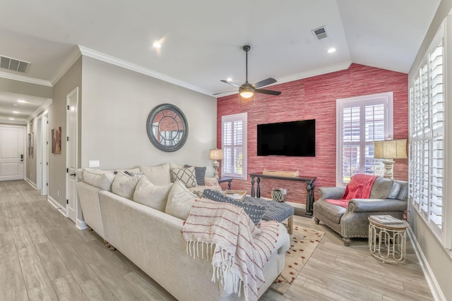 329 Kempton Ln, Dalton, GA 30721 - living area with an accent wall, ceiling fan, light wood-type flooring, baseboards, and ornamental molding