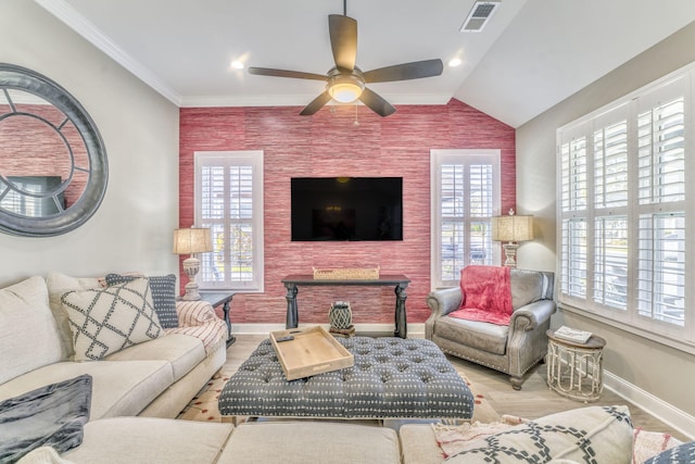 329 Kempton Ln, Dalton, GA 30721 - living room featuring baseboards, plenty of natural light, an accent wall, and a ceiling fan
