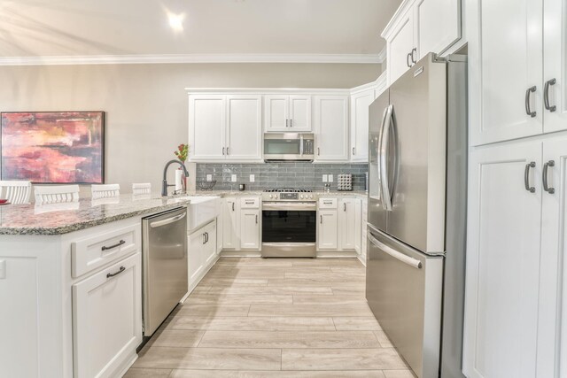 329 Kempton Ln, Dalton, GA 30721 - kitchen featuring appliances with stainless steel finishes, a peninsula, ornamental molding, white cabinets, and a sink