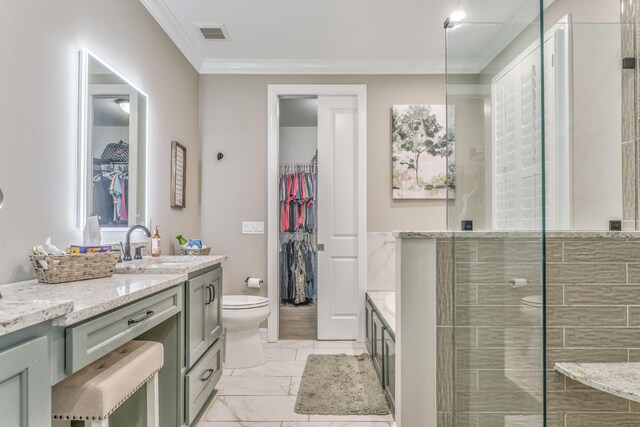 329 Kempton Ln, Dalton, GA 30721 - full bathroom featuring vanity, toilet, crown molding, a walk in closet, and marble look tiles