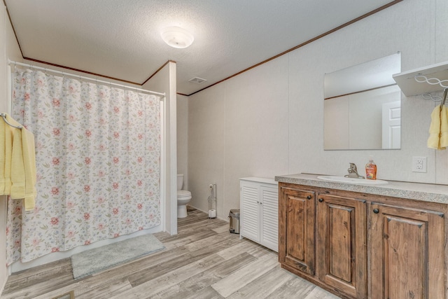1005 Cohutta Beaverdale Rd, Cohutta, GA 30710 - bathroom featuring toilet, vanity, wood finished floors, a shower with shower curtain, and a textured ceiling