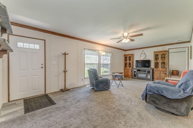 1005 Cohutta Beaverdale Rd, Cohutta, GA 30710 - carpeted living room with crown molding and ceiling fan