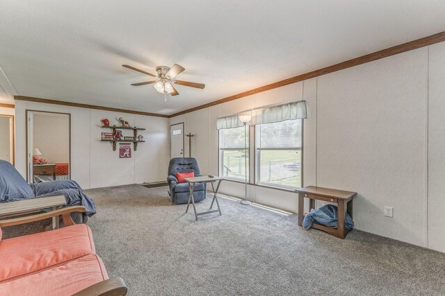 1005 Cohutta Beaverdale Rd, Cohutta, GA 30710 - carpeted living room featuring crown molding and ceiling fan