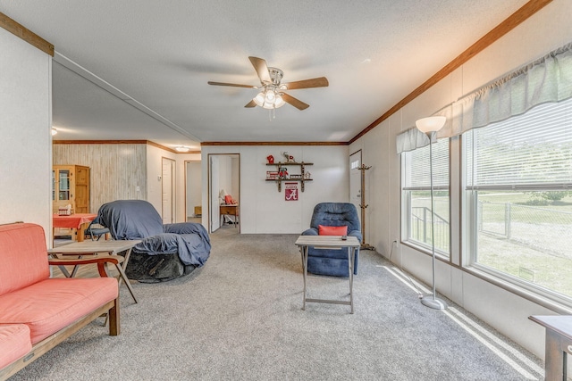 1005 Cohutta Beaverdale Rd, Cohutta, GA 30710 - carpeted living room with ornamental molding, ceiling fan, and wooden walls