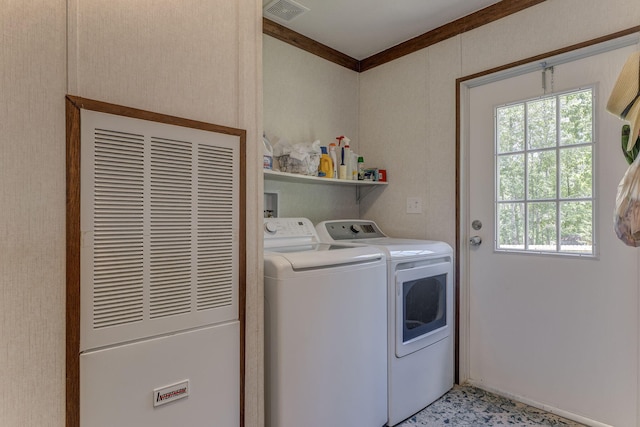 1005 Cohutta Beaverdale Rd, Cohutta, GA 30710 - laundry room with a heating unit, independent washer and dryer, and crown molding