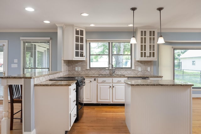2195 Ooltewah Ringgold Rd, Ooltewah, TN 37363 - kitchen featuring black / electric stove, light stone counters, a breakfast bar, light wood-style floors, and ornamental molding