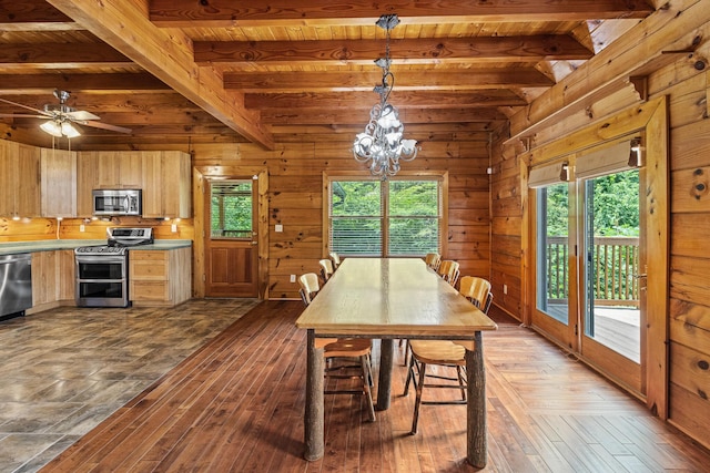 7524 Banther Rd, Harrison, TN 37341 - dining space featuring a wood ceiling with exposed beams, dark wood-style floors, wood walls, a chandelier, and a ceiling fan