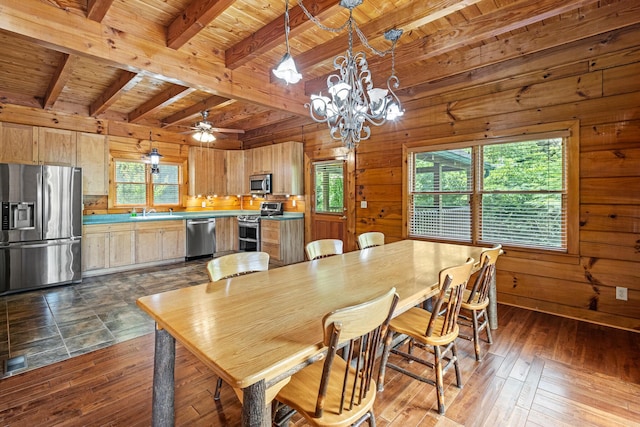 7524 Banther Rd, Harrison, TN 37341 - dining area featuring a wooden ceiling with exposed beams, wooden walls, a chandelier, dark wood-style flooring, and ceiling fan