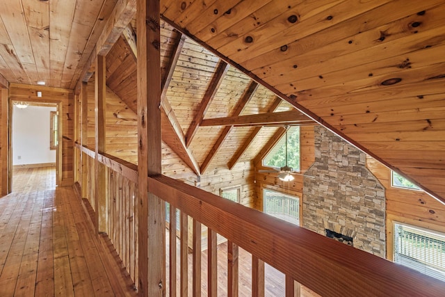 7524 Banther Rd, Harrison, TN 37341 - corridor featuring wooden ceiling, wooden walls, hardwood / wood-style flooring, and an upstairs landing