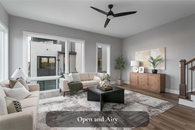 845 Burnside Pl Unit 7, Chattanooga, TN 37408 - living room with stairs, wood finished floors, ceiling fan, and baseboards