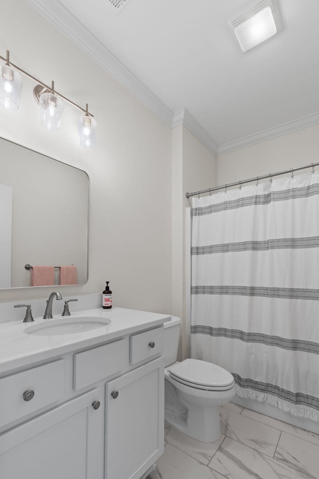 3620 Weathervane, Apison, TN 37302 - full bath with vanity, marble look tiles, crown molding, and a shower with curtain