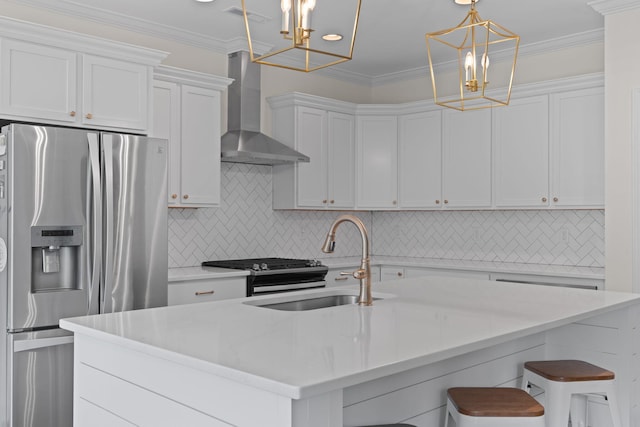 3620 Weathervane, Apison, TN 37302 - kitchen featuring stainless steel fridge with ice dispenser, wall chimney range hood, a chandelier, white cabinetry, and ornamental molding