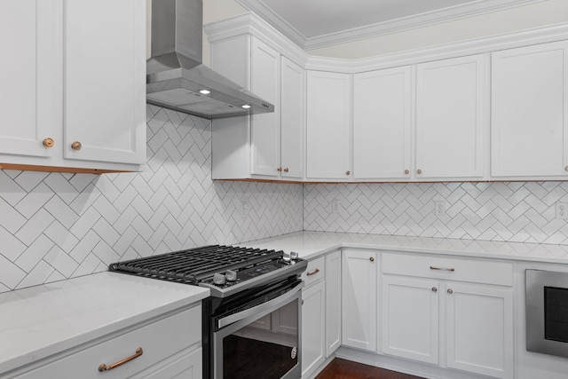 3620 Weathervane, Apison, TN 37302 - kitchen with gas range, wall chimney range hood, white cabinetry, tasteful backsplash, and crown molding
