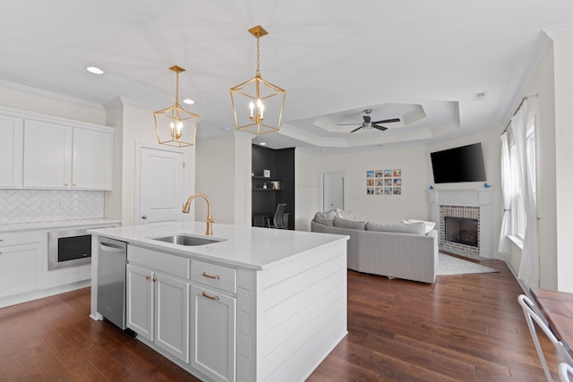 3620 Weathervane, Apison, TN 37302 - kitchen with stainless steel dishwasher, ornamental molding, tasteful backsplash, dark wood-type flooring, and white cabinets