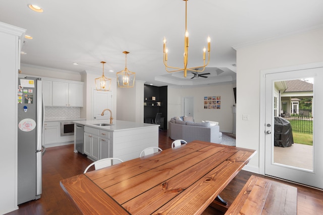 3620 Weathervane, Apison, TN 37302 - dining area with ornamental molding, a chandelier, recessed lighting, dark wood-style floors, and ceiling fan