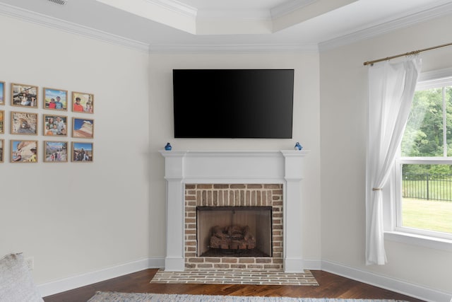3620 Weathervane, Apison, TN 37302 - detailed view of crown molding, a fireplace, wood finished floors, and a tray ceiling