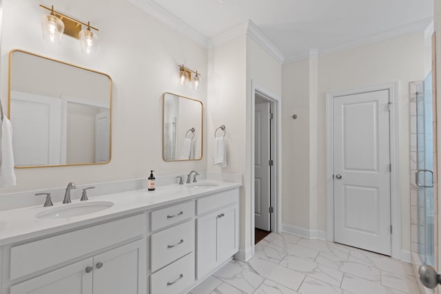 3620 Weathervane, Apison, TN 37302 - bathroom with double vanity, marble finish flooring, crown molding, and an enclosed shower