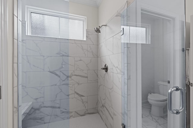 3620 Weathervane, Apison, TN 37302 - bathroom with a stall shower, marble finish flooring, and crown molding