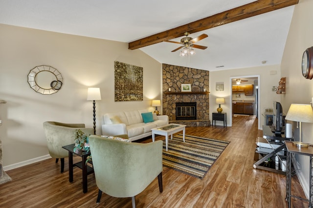 6755 Hickory Creek Rd, Chattanooga, TN 37421 - living area with ceiling fan, a fireplace, wood finished floors, and baseboards