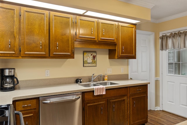 6755 Hickory Creek Rd, Chattanooga, TN 37421 - kitchen featuring dishwasher, a sink, crown molding, light countertops, and brown cabinetry