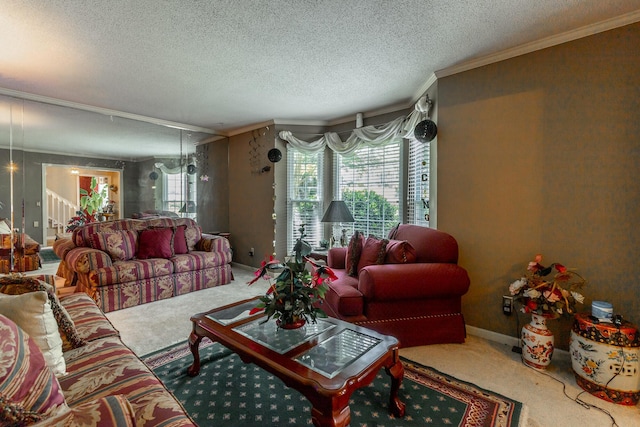1820 Colonial Way Cir, Hixson, TN 37343 - carpeted living area featuring crown molding, a textured ceiling, stairway, and baseboards
