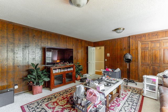 1820 Colonial Way Cir, Hixson, TN 37343 - carpeted living room featuring wooden walls, a textured ceiling, and ornamental molding