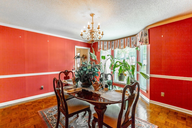 1820 Colonial Way Cir, Hixson, TN 37343 - dining space featuring baseboards, a chandelier, a textured ceiling, and ornamental molding
