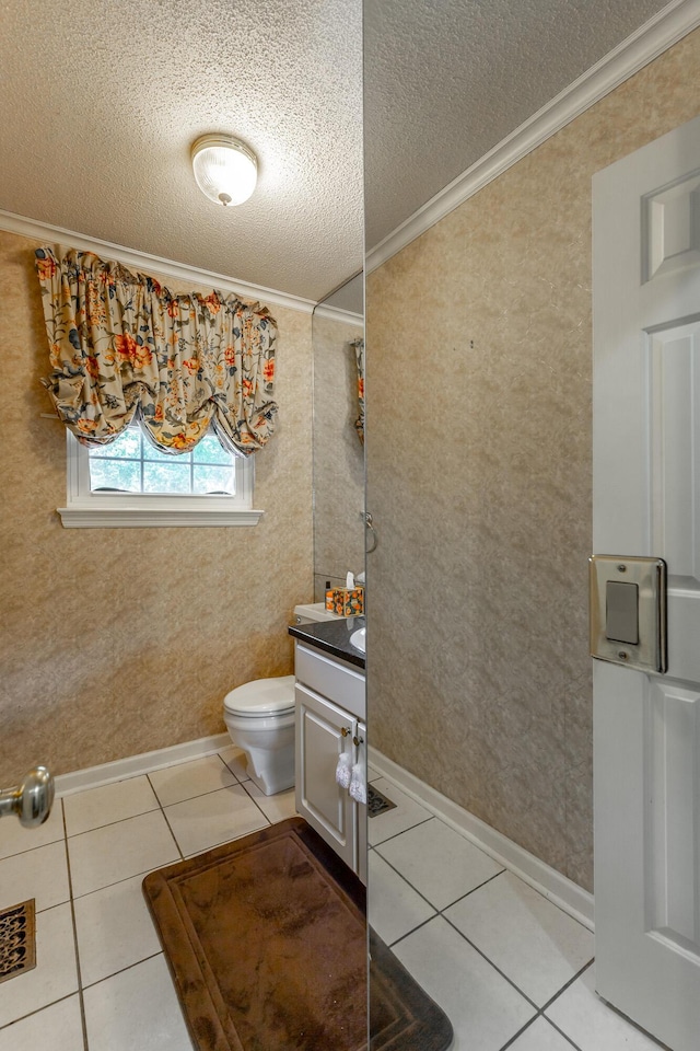 1820 Colonial Way Cir, Hixson, TN 37343 - bathroom with a textured ceiling, crown molding, tile patterned floors, toilet, and vanity