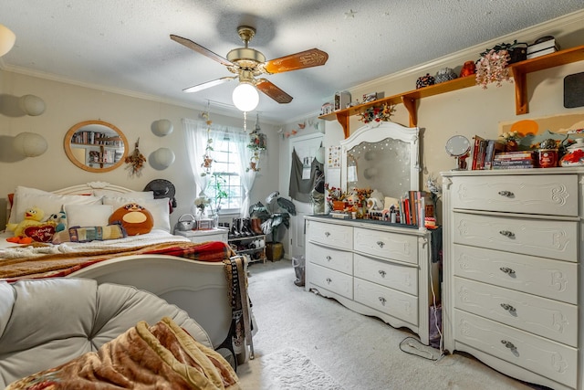 1820 Colonial Way Cir, Hixson, TN 37343 - bedroom with ornamental molding, light colored carpet, a ceiling fan, and a textured ceiling