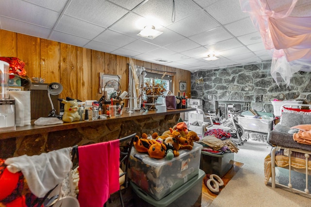 1820 Colonial Way Cir, Hixson, TN 37343 - misc room featuring carpet floors, wood walls, and a paneled ceiling