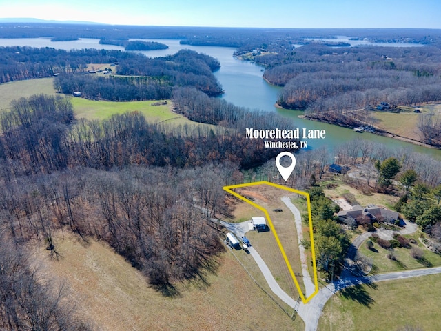 0 Moorehead Ln, Winchester, TN 37398 - aerial view of property's location with a large body of water, property parcel outlined, and a forest