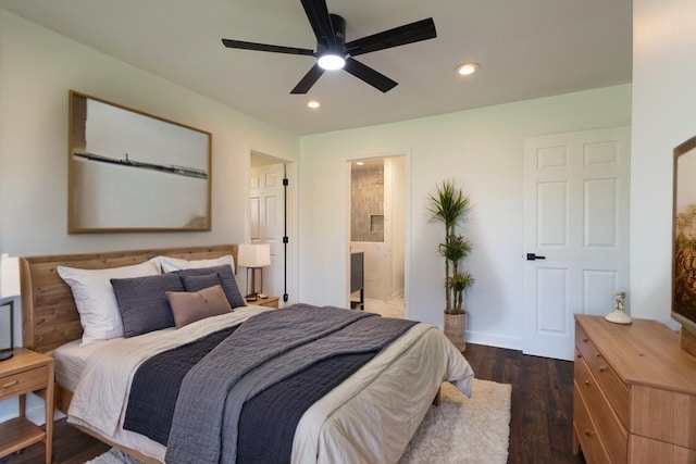 4407 Bennett Rd, Chattanooga, TN 37412 - bedroom featuring dark wood-type flooring, recessed lighting, connected bathroom, and a ceiling fan