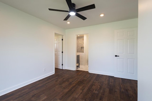 4407 Bennett Rd, Chattanooga, TN 37412 - unfurnished bedroom with dark wood-style flooring, recessed lighting, ensuite bath, and ceiling fan