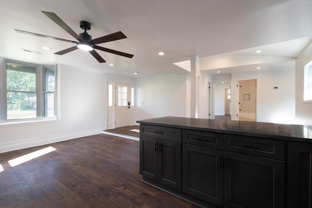 4407 Bennett Rd, Chattanooga, TN 37412 - kitchen featuring dark wood finished floors, ceiling fan, recessed lighting, open floor plan, and dark cabinets