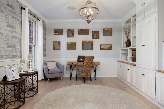 3 Chamblee Ct, Signal Mountain, TN 37377 - office with light wood-type flooring, a chandelier, crown molding, and a wainscoted wall
