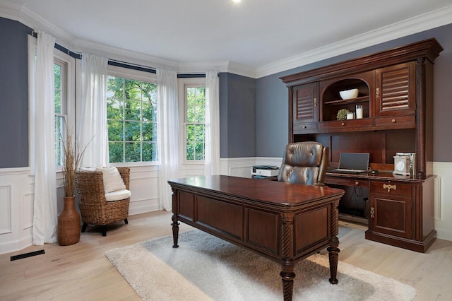 3 Chamblee Ct, Signal Mountain, TN 37377 - office area with healthy amount of natural light, light wood-style floors, ornamental molding, a wainscoted wall, and a decorative wall
