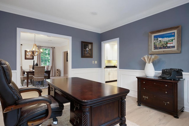 3 Chamblee Ct, Signal Mountain, TN 37377 - office with a chandelier, wainscoting, crown molding, and light wood-type flooring